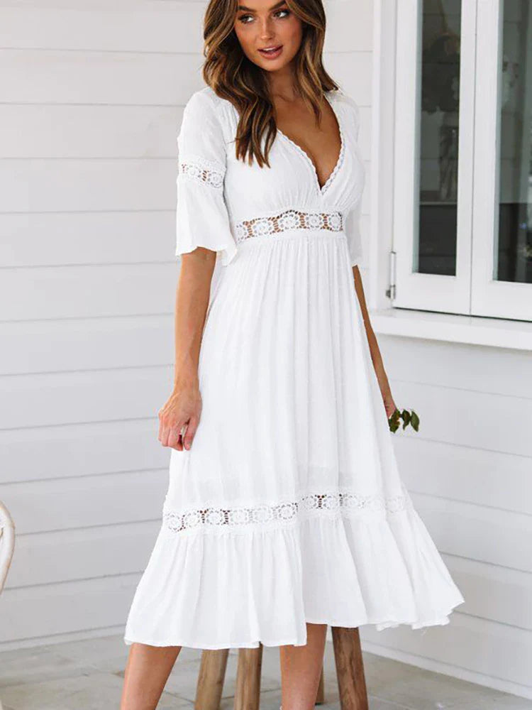 Witte Boho Midi Jurk | Stijlvolle Midi Jurk in Bohemian Stijl voor Elke Gelegenheid