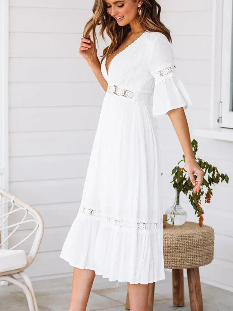 Witte Boho Midi Jurk | Stijlvolle Midi Jurk in Bohemian Stijl voor Elke Gelegenheid