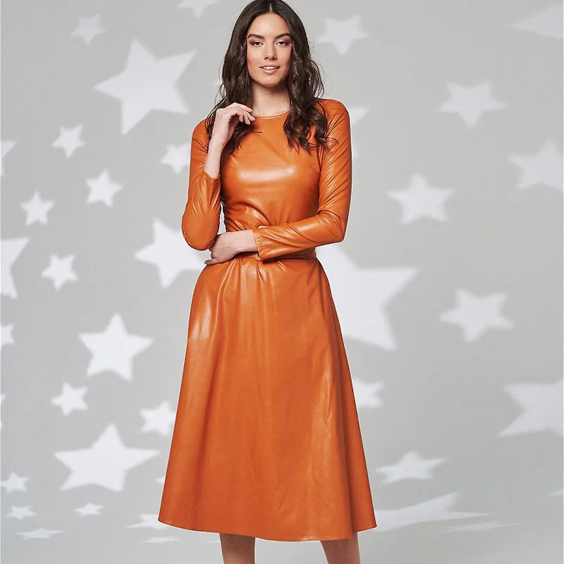 Clara - Veelzijdige Slimfit PU Leren Jurk met Ronde Hals