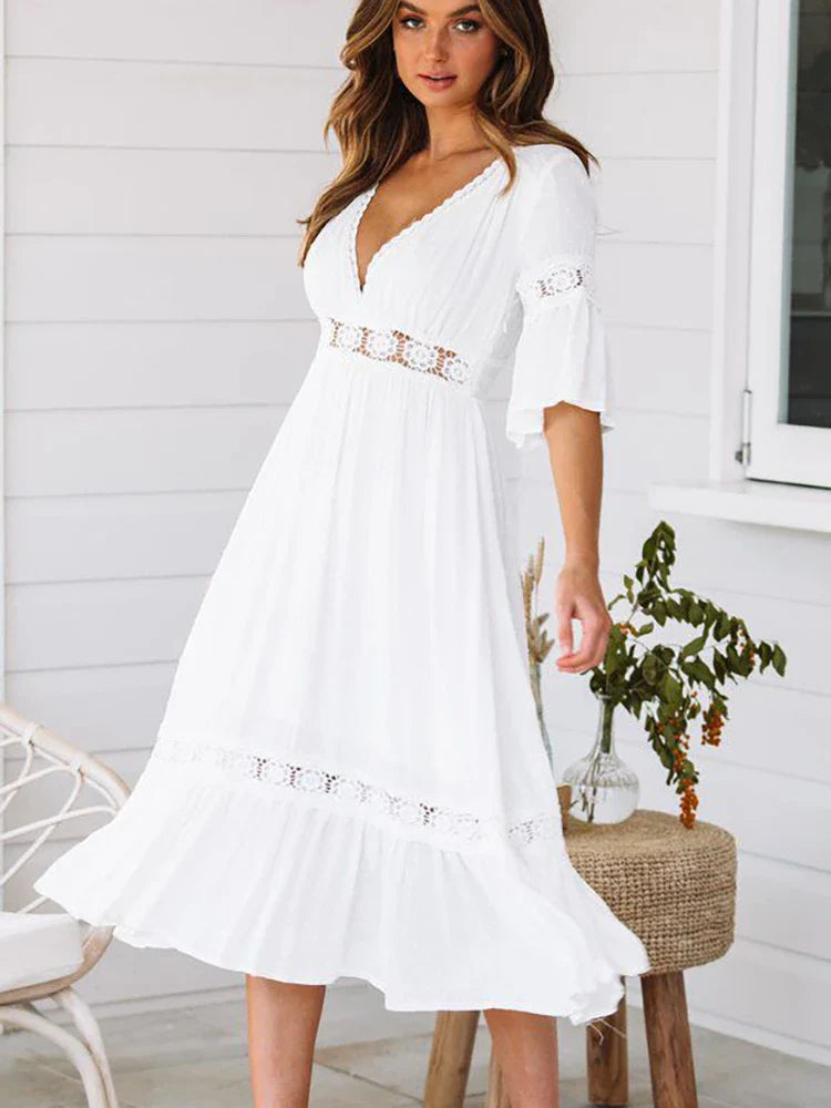 Witte Boho Midi Jurk | Stijlvolle Midi Jurk in Bohemian Stijl voor Elke Gelegenheid