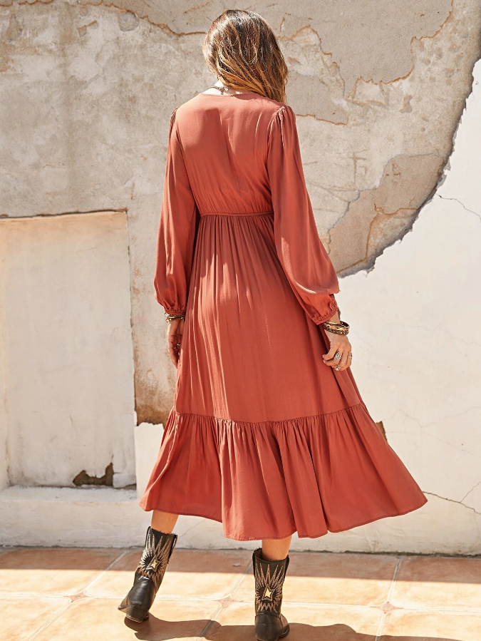 Terracotta Lange Boho Jurk met Ruches | Stijlvolle Lange Jurk voor Zomerse Gelegenheden