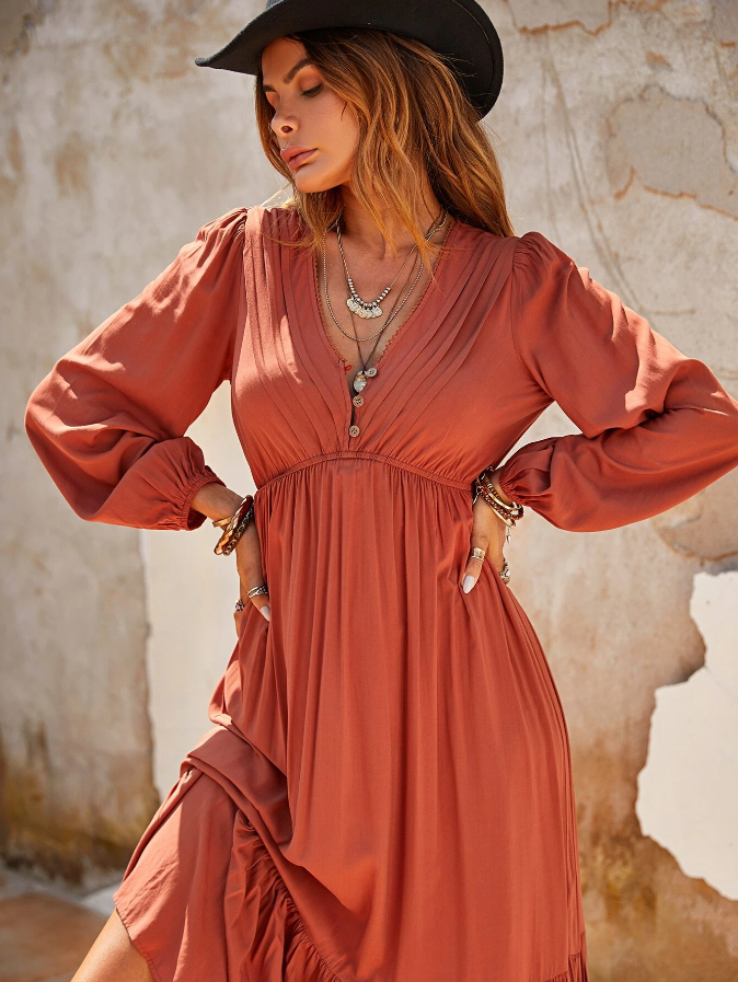 Terracotta Lange Boho Jurk met Ruches | Stijlvolle Lange Jurk voor Zomerse Gelegenheden