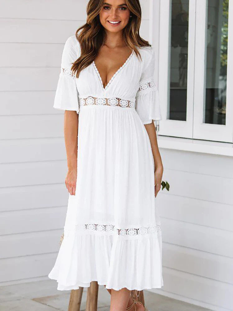 Witte Boho Midi Jurk | Stijlvolle Midi Jurk in Bohemian Stijl voor Elke Gelegenheid