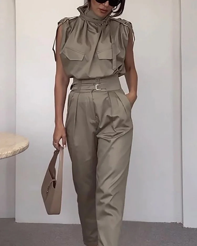 Marlena - Krawattenhals Cargo Top en Broek Set voor Dames | Stijlvol en Comfortabel