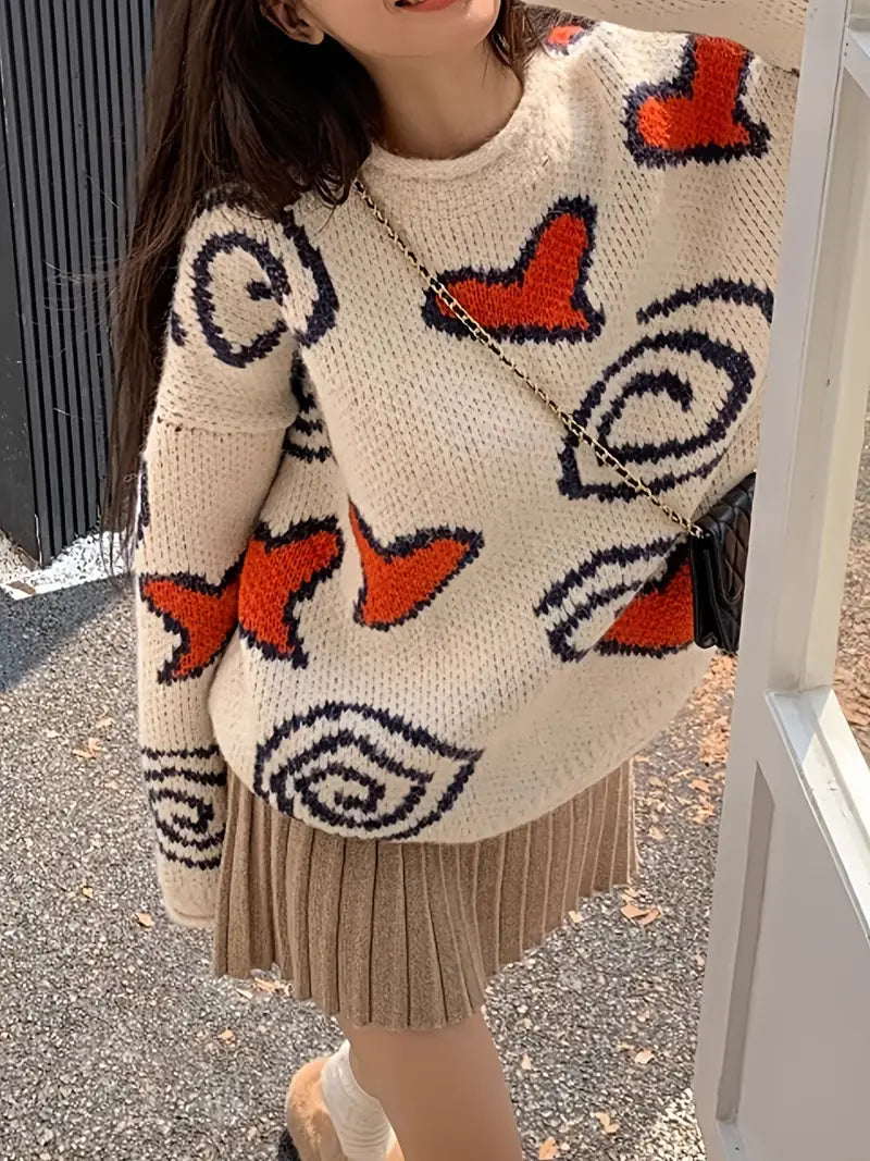 Hartelle - Gebreide Damestrui met Hartjespatroon en Ronde Hals