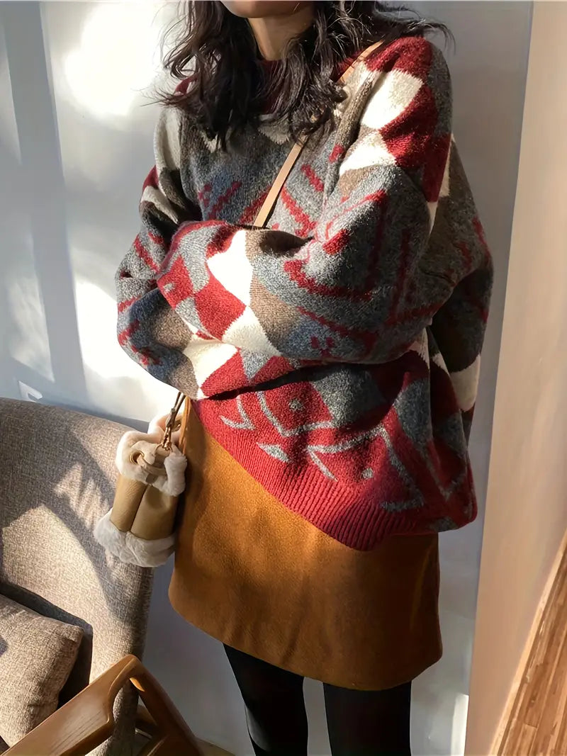 NielsGeo - Damestrui met Ronde Hals en Geometrisch Patroon – Stijlvol en Comfortabel