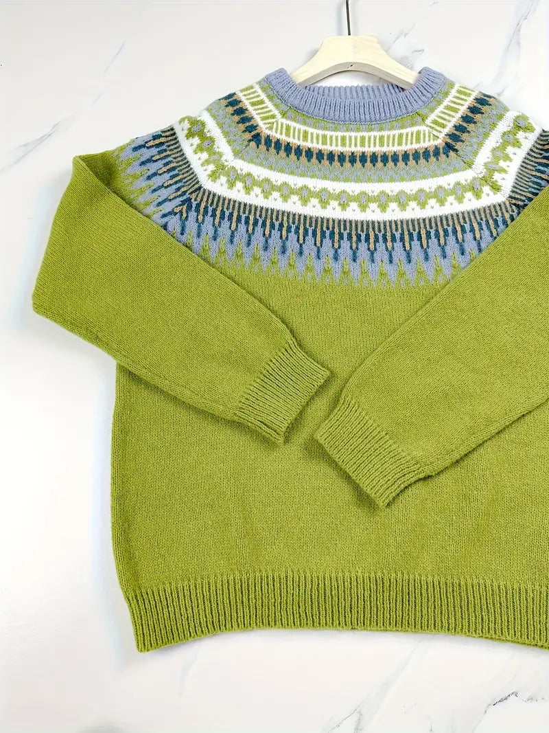 YaraPattern - Grafisch Gebreide Damestrui met Ronde Hals – Stijlvol en Uniek