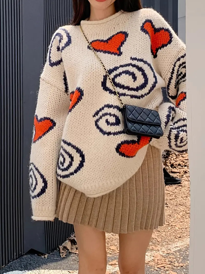 Hartelle - Gebreide Damestrui met Hartjespatroon en Ronde Hals