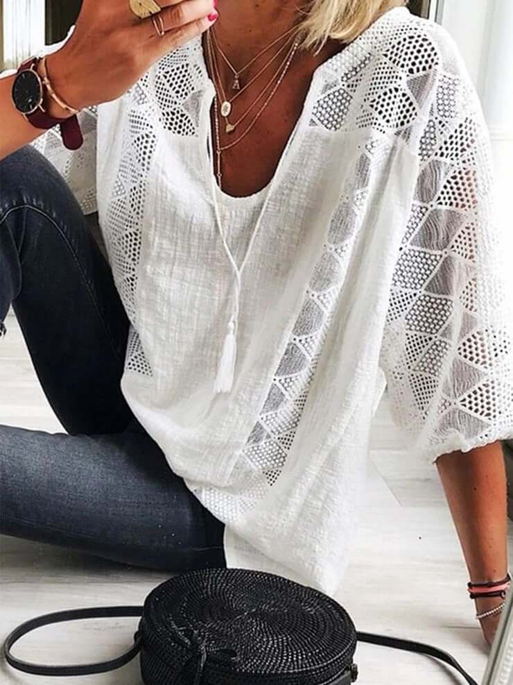 Boho Elegantie U-Hals Kantblouse voor Dames - Chic en Comfortabel