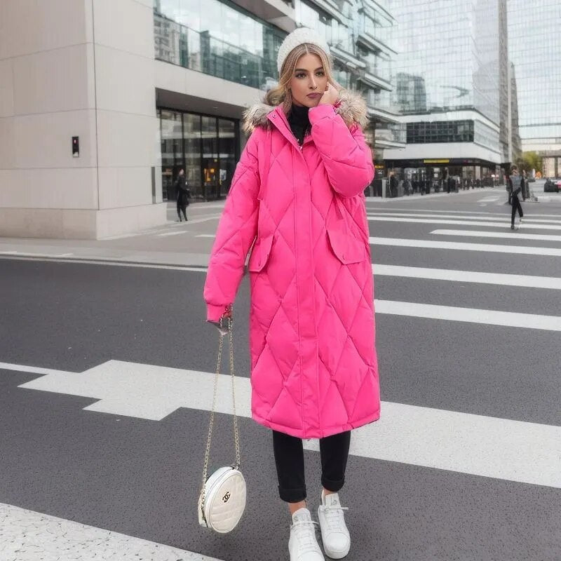 Modieuze Lange Gestikte Damesjas met Capuchon | Stijlvolle Winterjas voor Koude Dagen