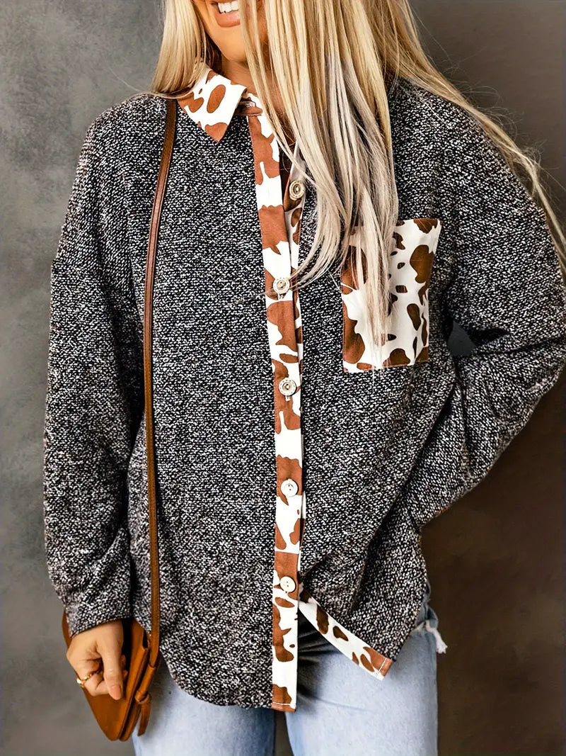 Elise – Stijlvolle Dames Jas met Koeienprint en Kleurblokken | Perfect voor Herfst en Winter