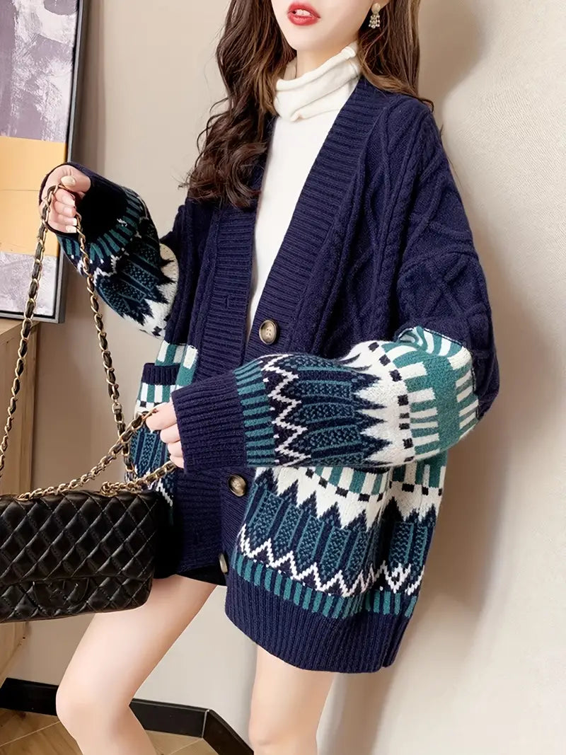 Sibylle - Gebreide Cardigan met Geometrisch Patroon en Knopsluiting voor Dames - Stijlvol en Comfortabel