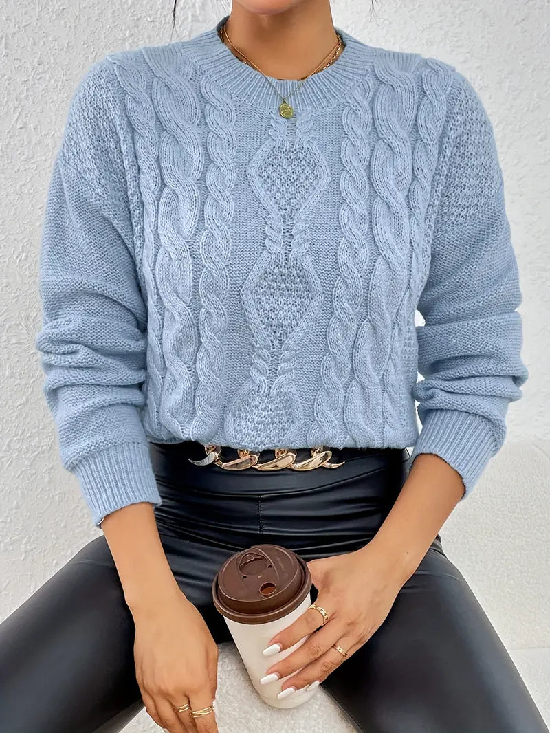 FemmeKnit - Effen Dames Trui met Ronde Hals en Kabelpatroon