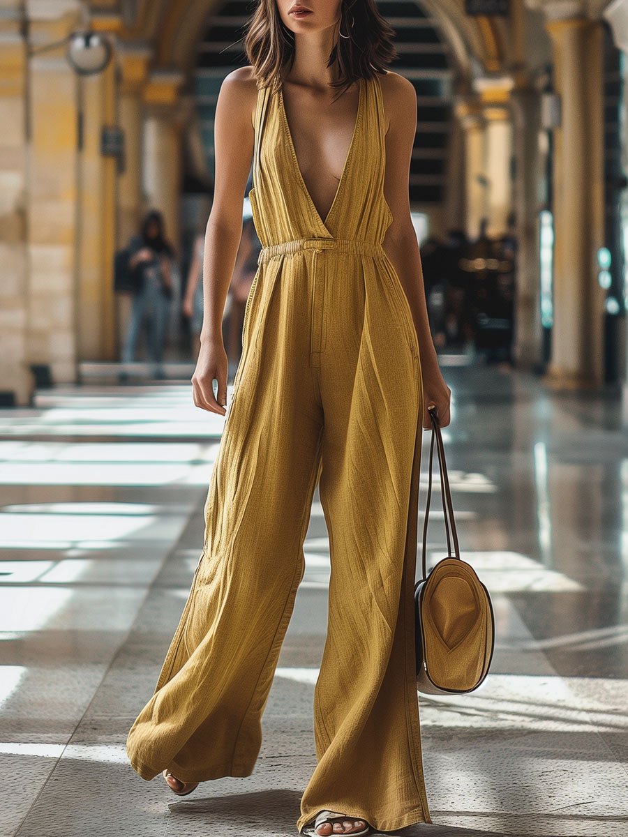 Elisa - Casual Denim Jumpsuit met V-hals en Elastische Taille | Retro Stijl Wijde Pijpen