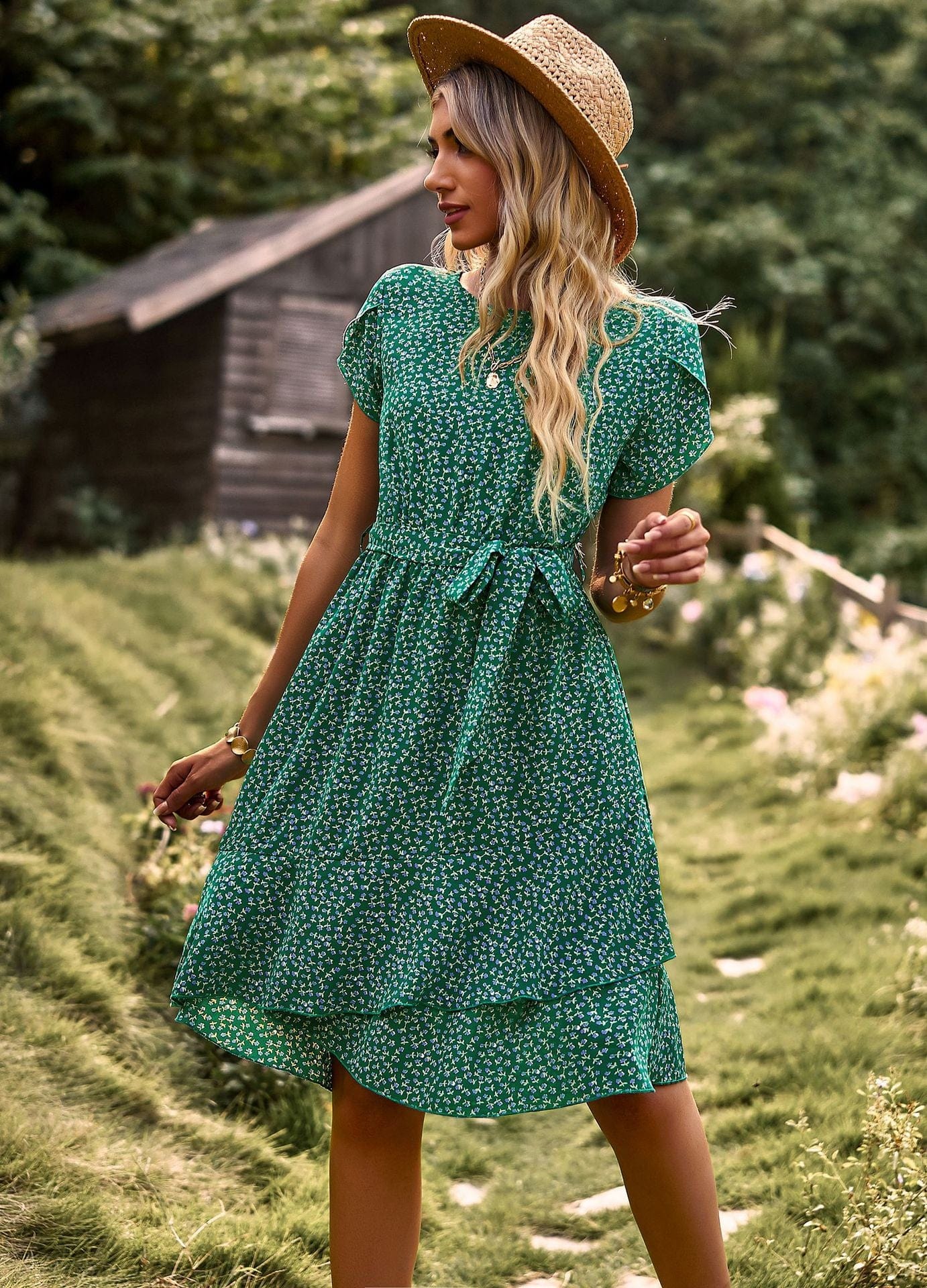 Kort Groen Boho Jurk met Print | Stijlvolle Bohemian Jurk voor Zomerse Dagen