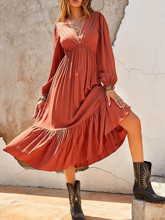 Terracotta Lange Boho Jurk met Ruches | Stijlvolle Lange Jurk voor Zomerse Gelegenheden