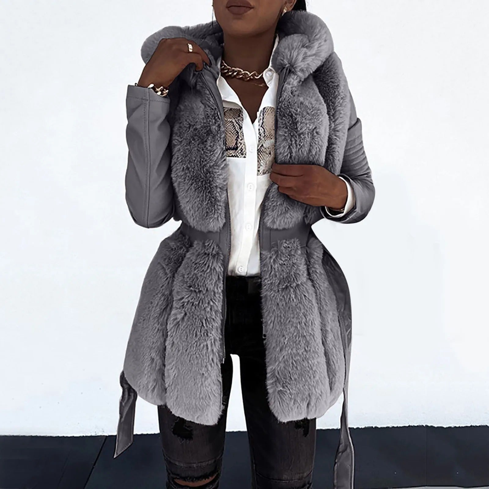 Eline - Stijlvolle Vegan Leren Jas met Imitatiebontkraag voor Dames