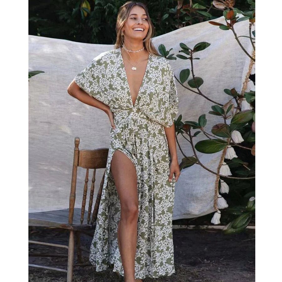 Lange Groene Jurk met V-Hals voor Dames - Tijdloos en Elegant