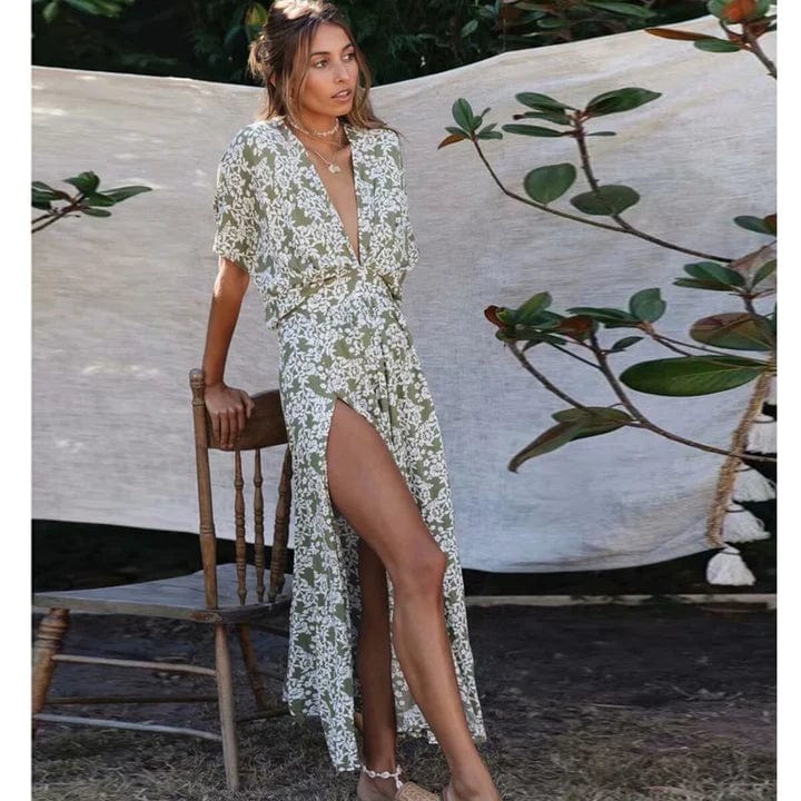 Lange Groene Jurk met V-Hals voor Dames - Tijdloos en Elegant