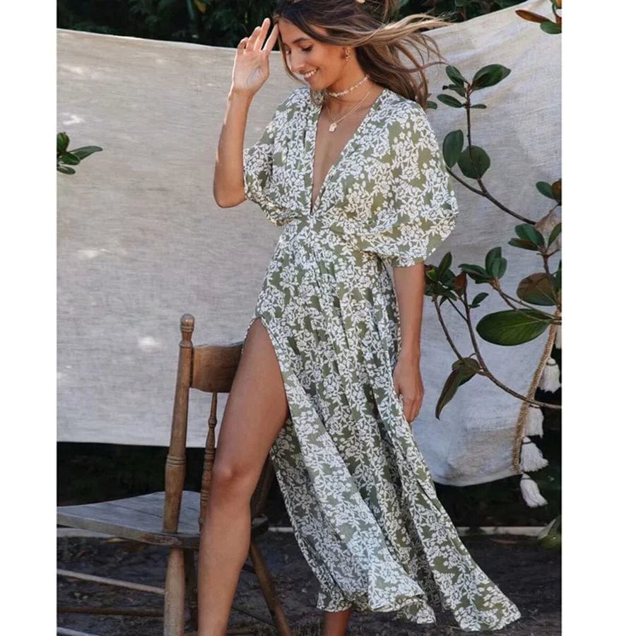 Lange Groene Jurk met V-Hals voor Dames - Tijdloos en Elegant