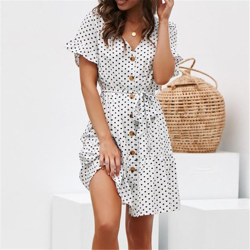 Charlene - Korte Mouw Polka Dot Jurk - Zomerjurk Dames Casual Vintage