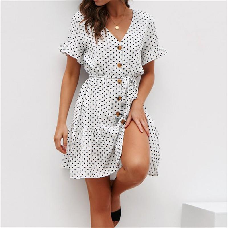 Charlene - Korte Mouw Polka Dot Jurk - Zomerjurk Dames Casual Vintage