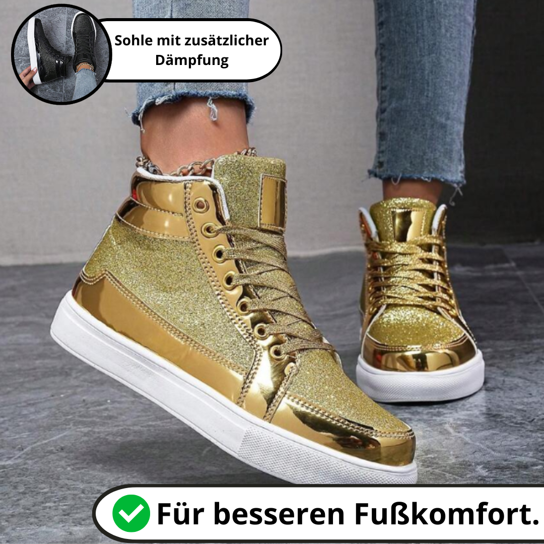 Sprankel Schoenen - Leren Hoge Schoenen met Metallic Glans voor Dames