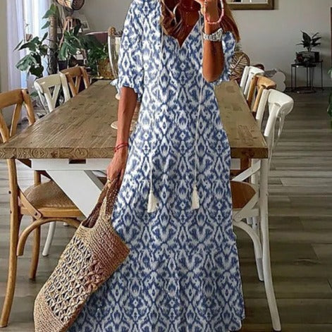 Livia Maxi Jurk | Elegante Maxi Jurk met Halve Mouwen en V-Hals met Bloemenprint