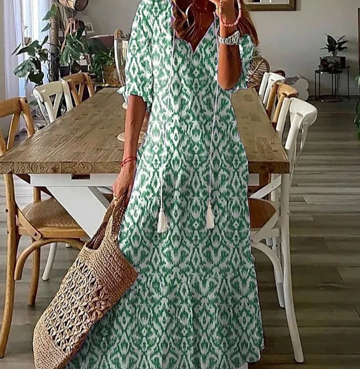 Livia Maxi Jurk | Elegante Maxi Jurk met Halve Mouwen en V-Hals met Bloemenprint