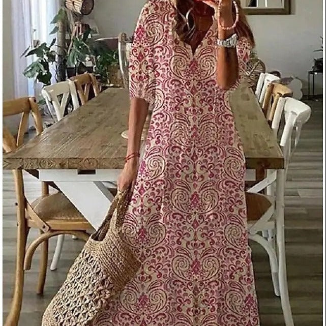 Livia Maxi Jurk | Elegante Maxi Jurk met Halve Mouwen en V-Hals met Bloemenprint