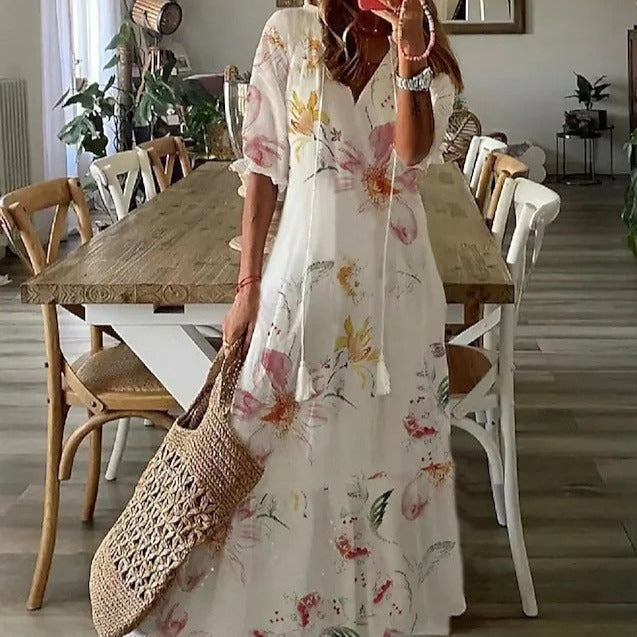 Livia Maxi Jurk | Elegante Maxi Jurk met Halve Mouwen en V-Hals met Bloemenprint
