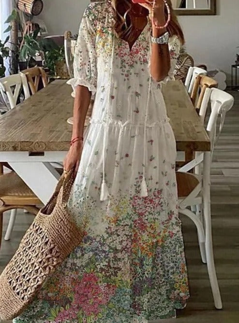 Livia Maxi Jurk | Elegante Maxi Jurk met Halve Mouwen en V-Hals met Bloemenprint