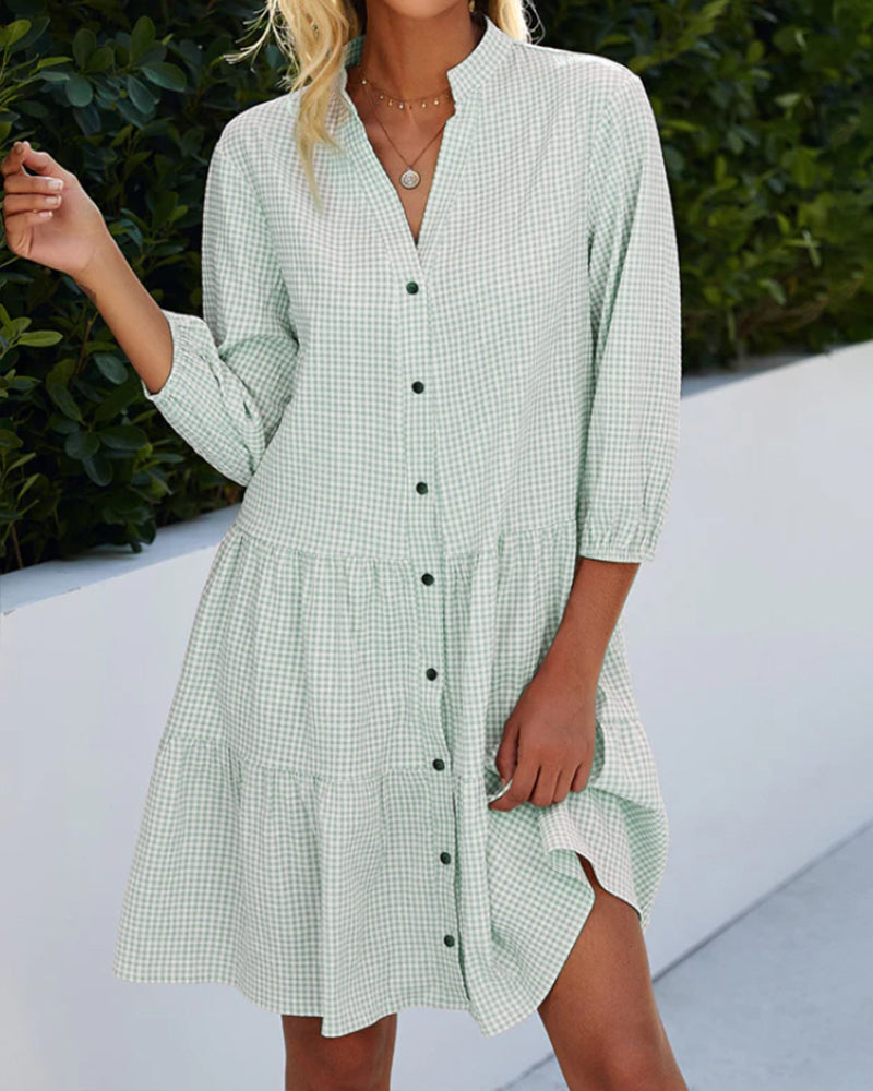 Rachelle - Geruit Knielang Button-Down Jurk
