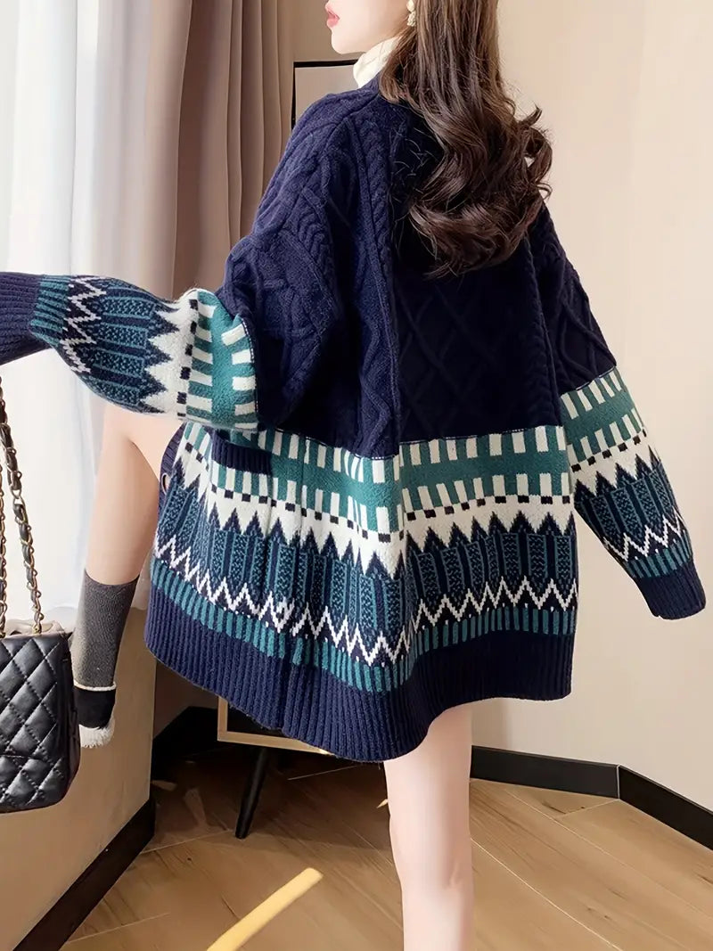 Sibylle - Gebreide Cardigan met Geometrisch Patroon en Knopsluiting voor Dames - Stijlvol en Comfortabel