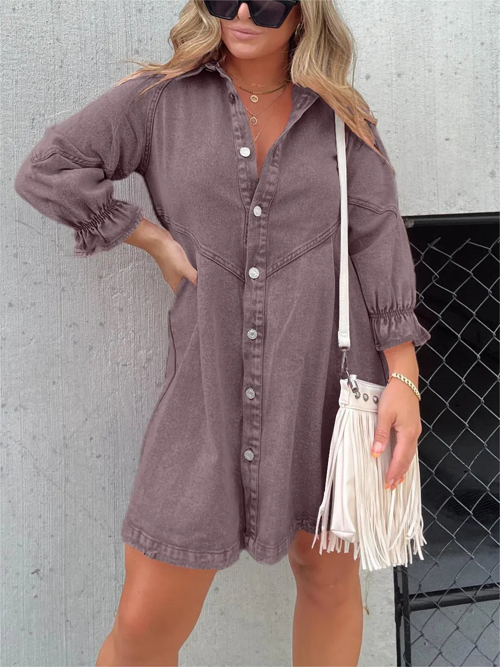 Denim Elegance - Gewassen Denim Blouse met Pofmouwen | Trendy en Stijlvolle Damesblouse