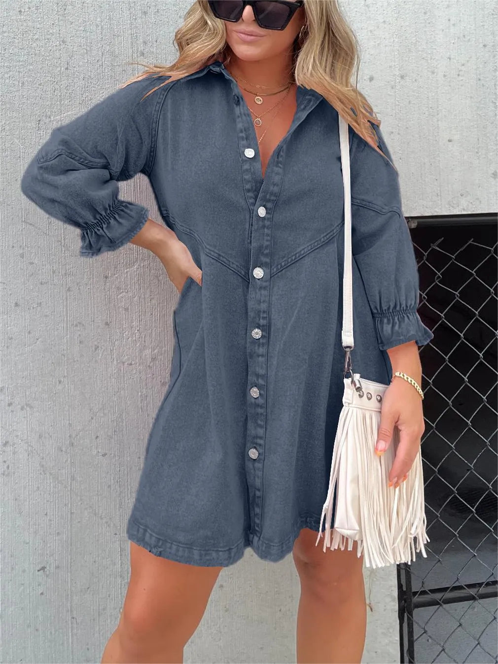 Denim Elegance - Gewassen Denim Blouse met Pofmouwen | Trendy en Stijlvolle Damesblouse