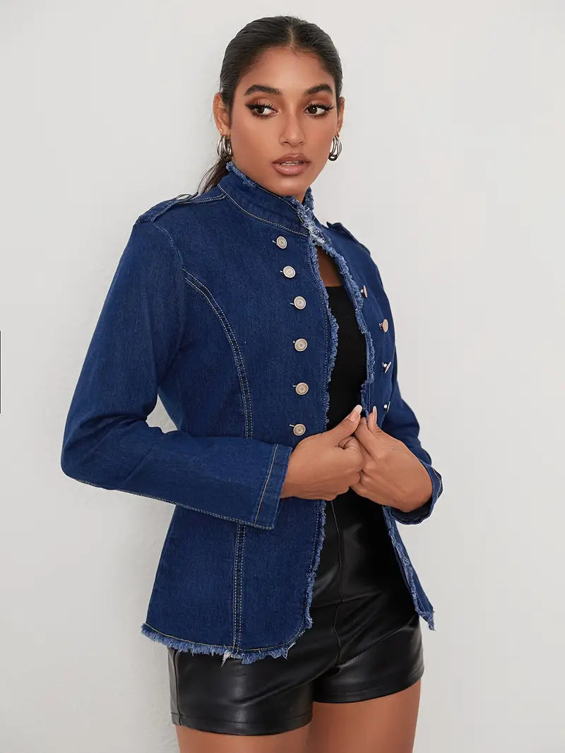 Alexandria - Lange Mouwen Denimjas met Knopen en Robuuste Afwerking
