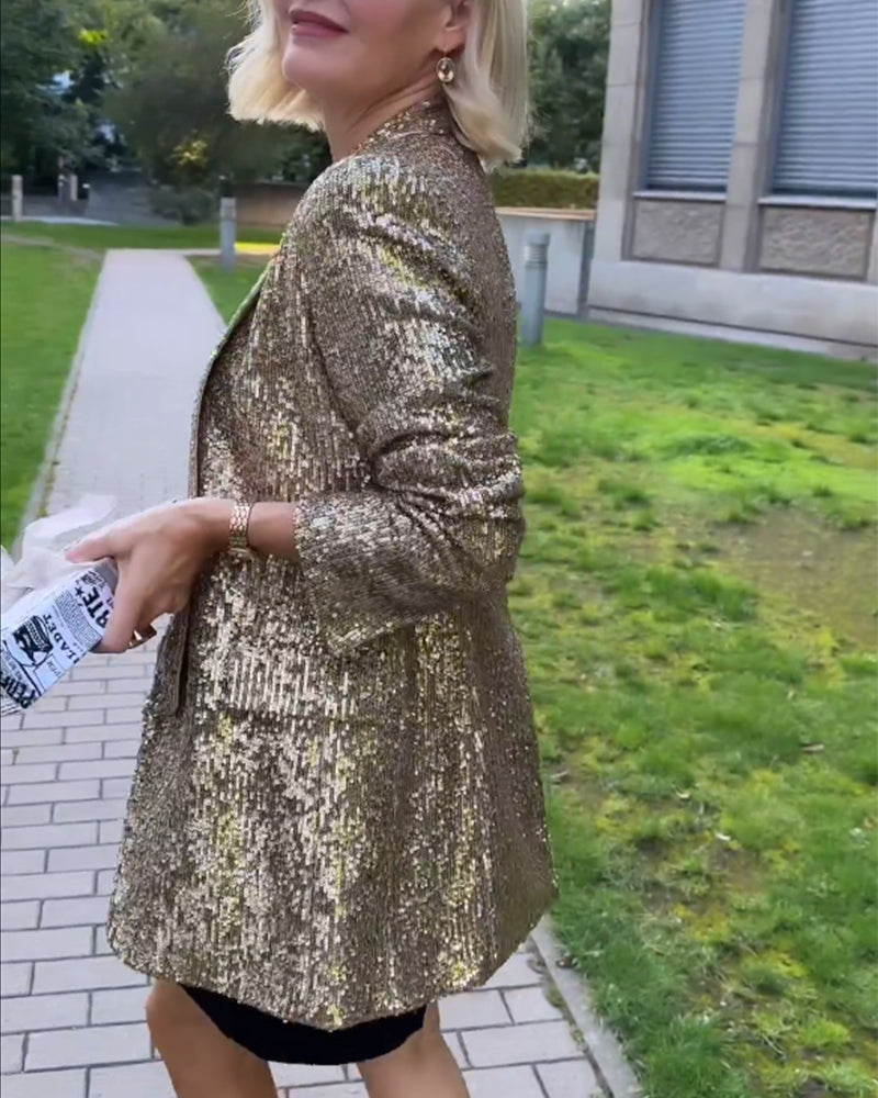 Aurora Gouden Glitterjack met Pailletten | Chique Damesjas met Sprankelende Details