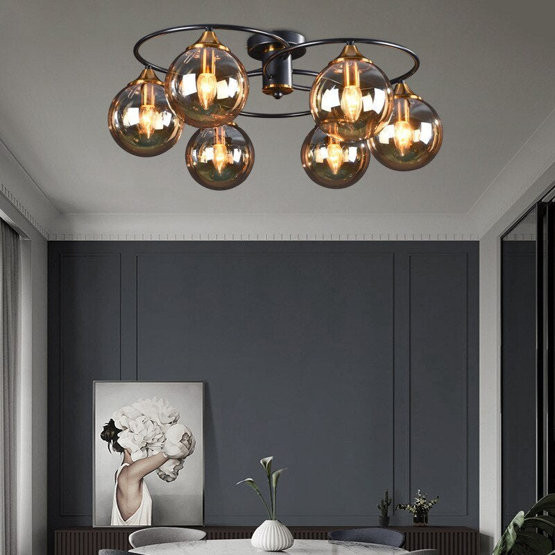 VitaLuxe - Vintage Ronde LED Plafondlamp van Metaal en Glas in Rokerig Grijs en Amber