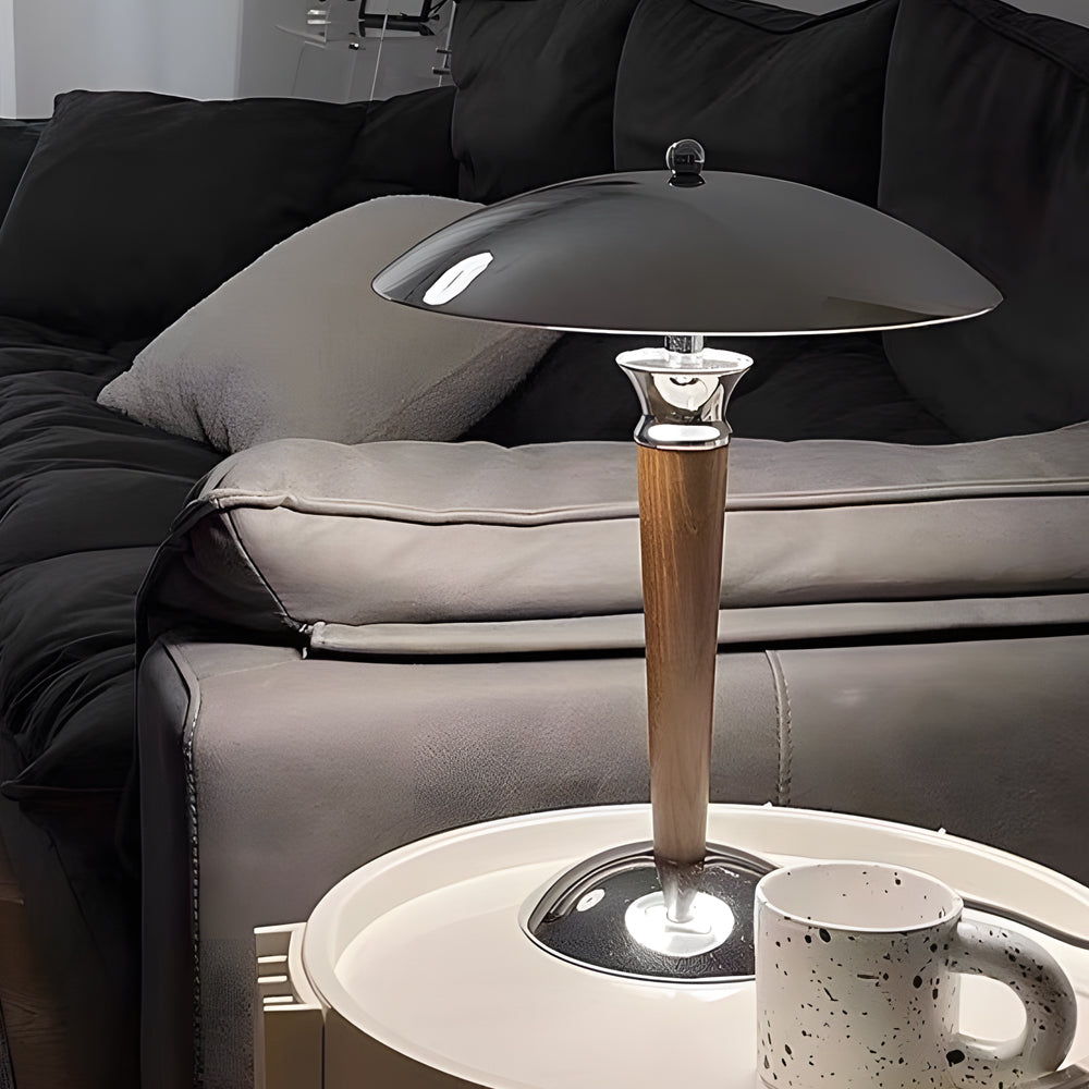 VintageGlow - Chromen IJzeren Paddenstoel Tafellamp met Houten 3-Staps Dimming | Stijlvolle Verlichting voor Elk Interieur
