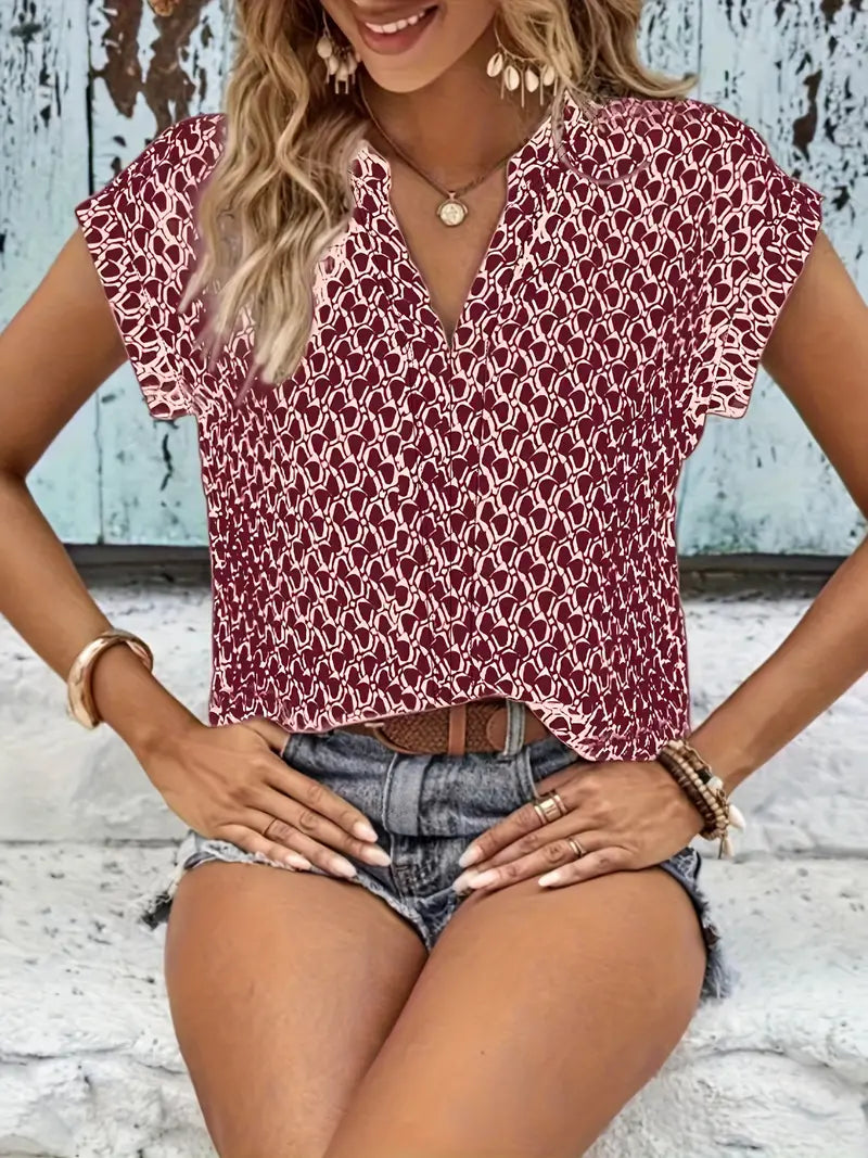 Sophia - Casual Korte Mouwen T-Shirt met Geometrische Print en V-hals voor Dames | Stijlvol en Comfortabel Zomert-shirt