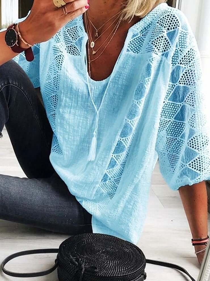 Boho Elegantie U-Hals Kantblouse voor Dames - Chic en Comfortabel
