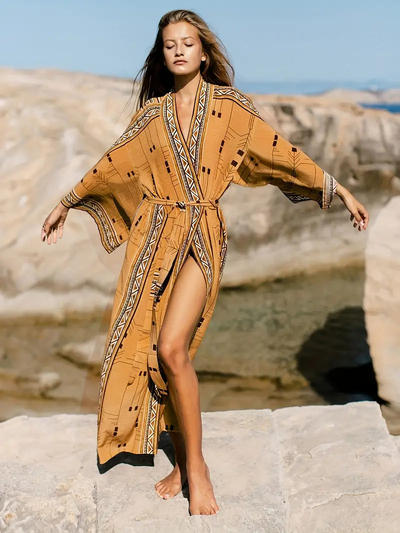 Frieda - Boho Kimono Maxi-Jurk met Strikceintuur voor Plus Maten