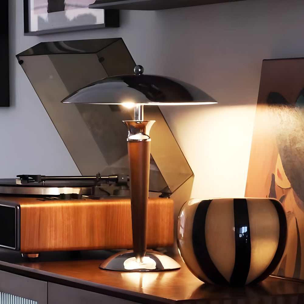 VintageGlow - Chromen IJzeren Paddenstoel Tafellamp met Houten 3-Staps Dimming | Stijlvolle Verlichting voor Elk Interieur