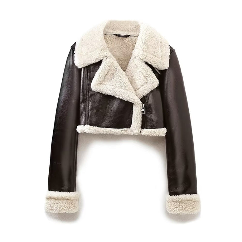 Retro Leren Damesjas met Kunstbont - Stijlvolle Vintage Jas voor Koude Dagen
