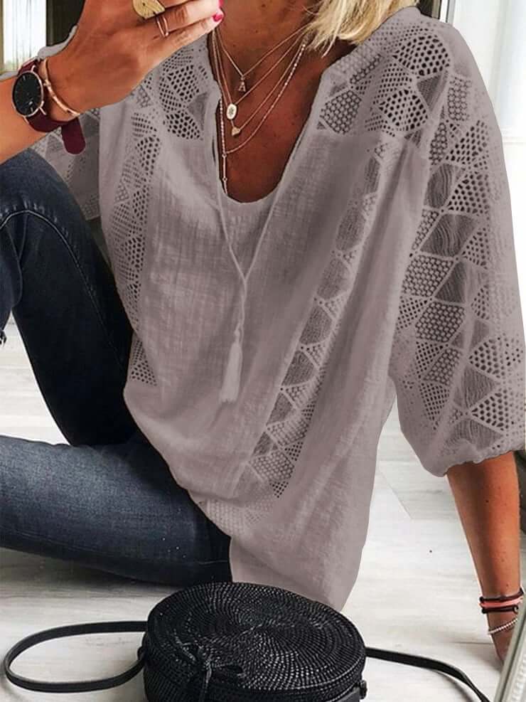 Boho Elegantie U-Hals Kantblouse voor Dames - Chic en Comfortabel