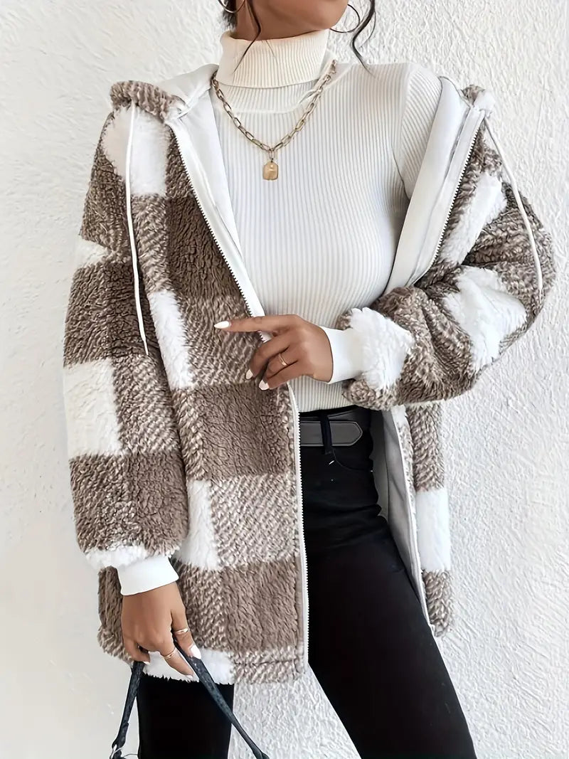 Skylar - Geruite Teddy Hoodie Jas | Warm en Comfortabel voor de Winter