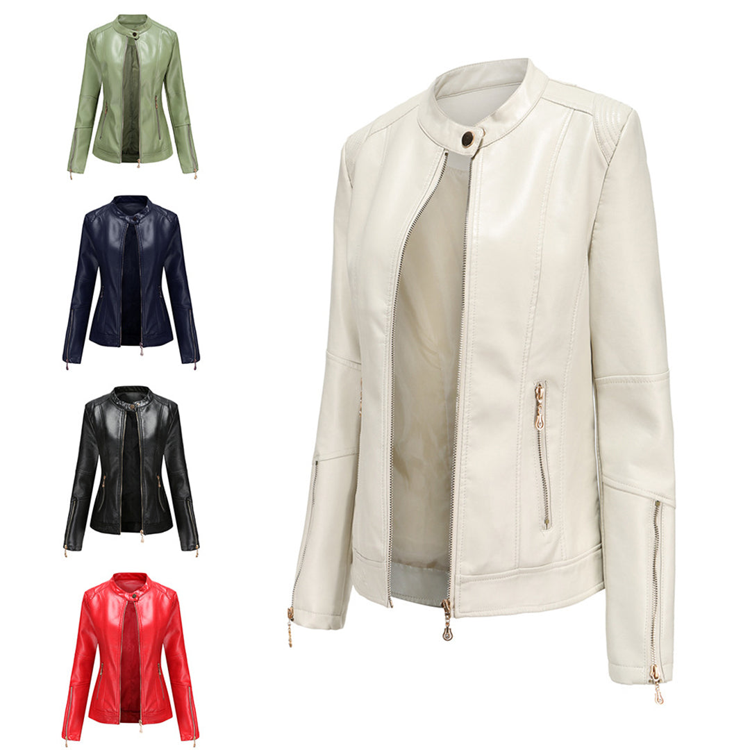 Lina - Elegante Leren Jas met Ronde Kraag en Knoopsluiting voor Dames