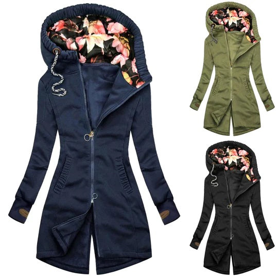 Ariane - Warme Herfst- of Winterjas met Capuchon en Bloemenprint voor Dames