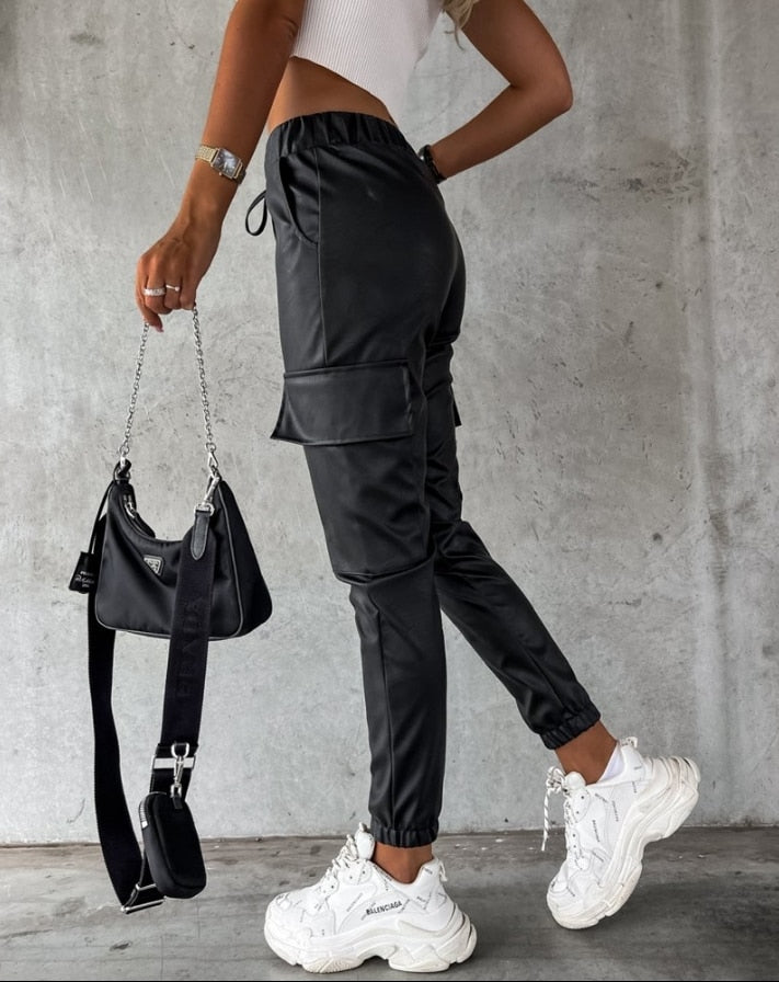 Sophia Cargo Broek | Broek met Leren Look en Cargozakken voor Dames